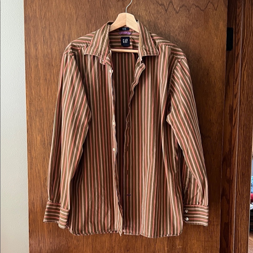 GAP Brown Green and Tan Striped Casual Button Down Shirt Large
